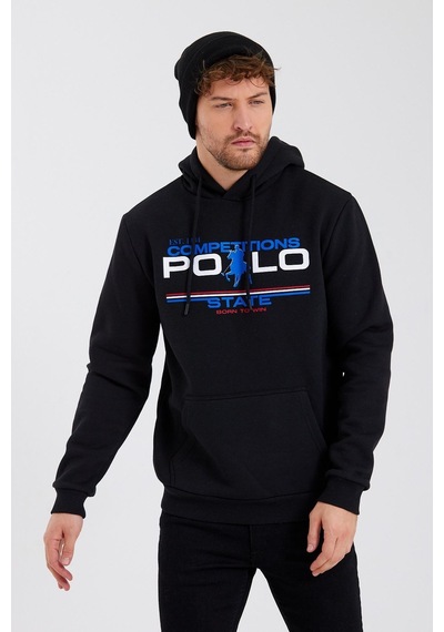 Polostate Erkek Kapüşonlu Baskılı 3 İplik Sweatshirt Siyah
