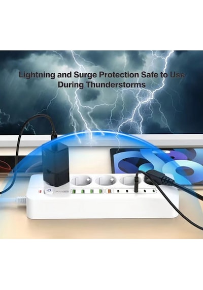 3500w Akım Korumalı 5 Li Grup Priz: 5x Usb + 5x Type-c Çıkışlı 2 Metre
