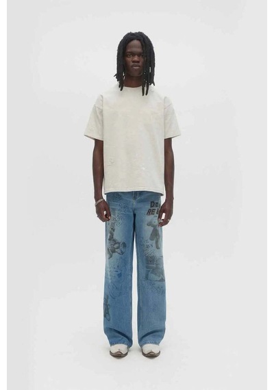 Domrebel Relaxed Fit Bootcut Jean: Orijinal Sanat Detaylarıyla Rahat Denim Pantolon Mavi