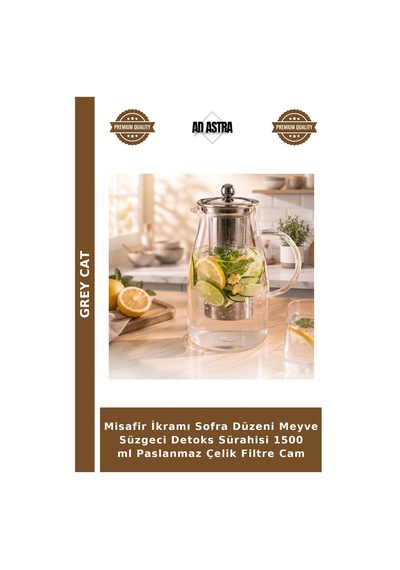 Misafir İkramı Sofra Düzeni Meyve Süzgeci Sürahisi 1500 Ml Paslanmaz Çelik Filtre Cam Şeffaf