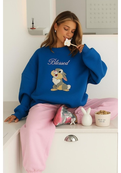Benroma 3 İplik Penye Blessed Tavşan Baskılı Unisex Sweatshırt Saks Mavisi