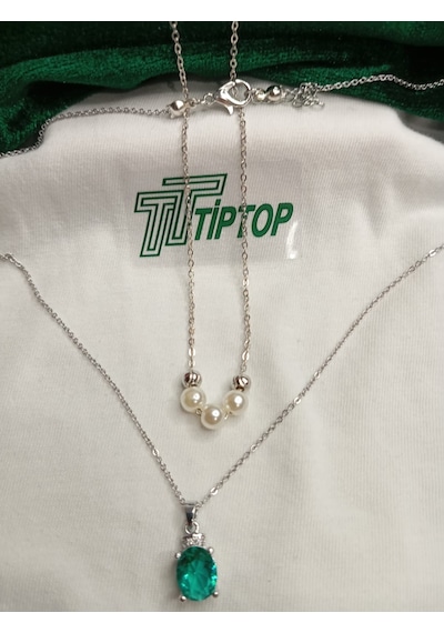 Tiptop/yeşil Taşlı Ve Gümüş Renk Yuvarlak Dorikalı Üç İncili Çelik Kolye Set Gümüş