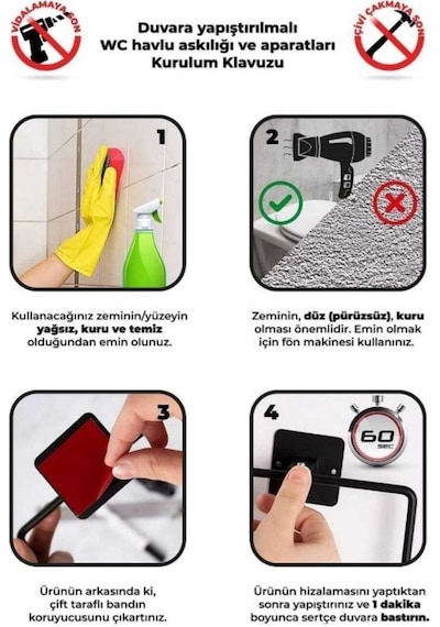 Sas Haus Yapışkanlı Siyah Kare Havluluk Duvar Tipi Delme Gerektirmez Banyo Havlu Askılığı S-130 - Kts Kont Serisi