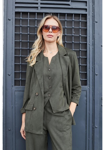 Kadın Süet Dokulu Kumaş Yakalı Capri Kol Cep Kapaklı Blazer Ceket-haki Haki
