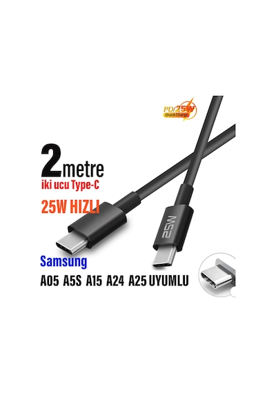 Samsung Uyumlu A05 A5s A15 A24 A25 Hızlı Şarj Kablosu Type-c Den Type-c Ye 2m Şarj Kablosu