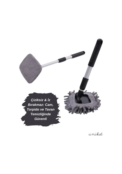 180 Döner Başlıklı Teleskopik Araç Cam Ve Torpido Temizleme Aparatı 3 Farklı Mikrofiber Bezli