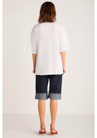 Grımelange Odalys Kadın %100 Organik Pamuklu Oversize Fit Bol Kesim Kiraz Baskılı Bisiklet Yaka Beyaz T-shirt