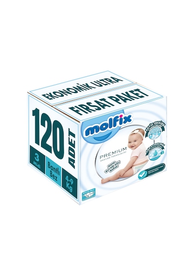 Molfix Premium Bebek Bezi Beden:3 4-9kg Midi 120 Adet Ekonomik 3 Numara 2'li