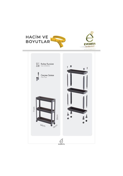 3 Katlı Tekerlekli Banyo Rafı Organizer Mutfak Düzenleyici Çok Amaçlı Servis Arabası Renkli 61503352