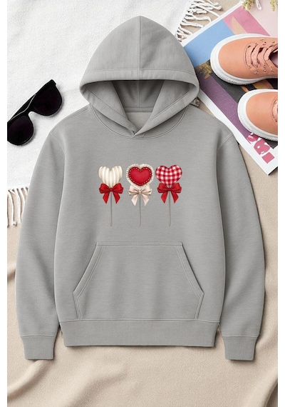 Uyguntarz Unisex Kalp Lolipop Detayli Baskılı Oversize Sweatshirt Gri