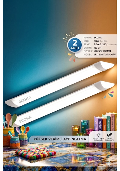 2 Adet- 48w Led Bant Armatür 120 Cm Beyaz Işık Yüksek Lümenli Sıva Üstü Mutfak Atölye Aydınlatma Diğer