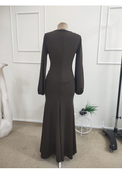 Butik İstanbul Kadın Uzun Kollu Bisiklet Yakalı Önden Fırfırlı Uzun Janjan Krep Elbise Kahverengi