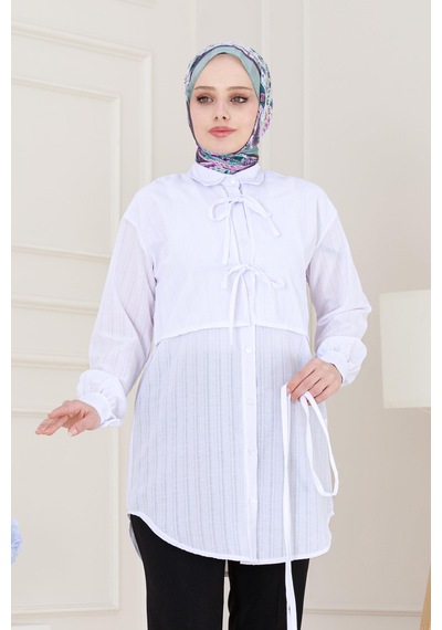 Sevitli Cepken Detaylı Bağlamalı Keten Tunik-beyaz-5117 Beyaz