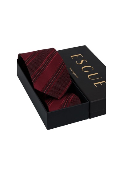 Esgue Hand Made 8 Cm Çizgili Desen Kırmızı Bordo Renk Mendilli Kravat