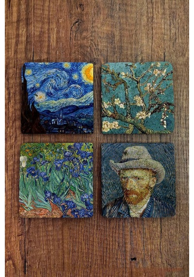 Taş Bardak Altlığı Vincent Van Gogh Eserleri Baskılı 4'lü Set Çok Renkli