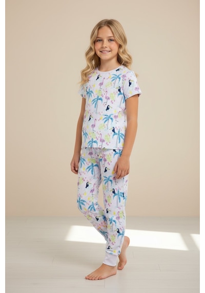 Flamingo Desenli Kısa Kol Kız Çocuk Pijama Takım Pembe