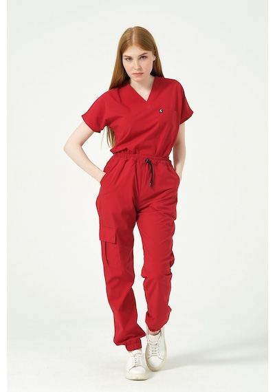 Kırmızı Likralı Scrubs Kargo Cep Jogger Paça Doktor Hemşire Forması Yarasa Kol Takım Unisex