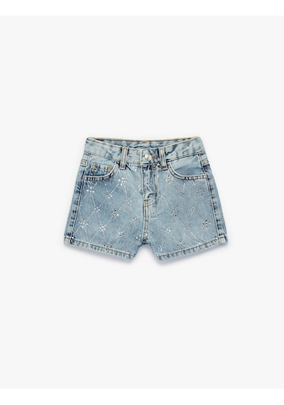 Koton Slim Fit Pamuklu Cepli Taş Detaylı Mini Denim Şort Lıght Indıgo 6skg40007ad Açık Mavi