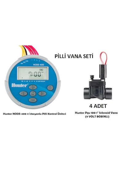 Hunter Node-400 4 İstasyonlu Pilli Kontrol Ünitesi Pgv100 Vana