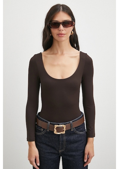 Never More U Yaka Uzun Kollu Çıtçıtlı Bodysuit Kahve Kahve