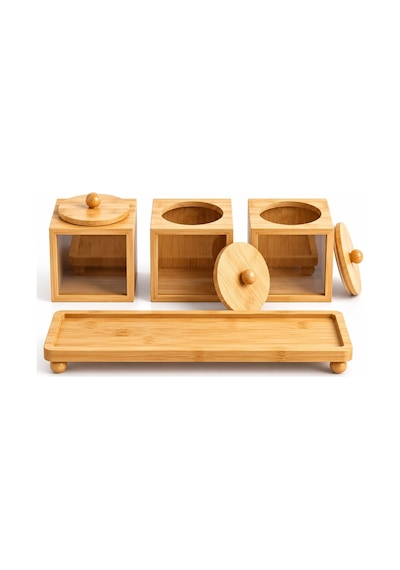 3 Lü Doğal Bambu Baharatlık Çay Şeker Kahve Saklama Kabı Stand Tepsili Kapaklı Mutfak Organizer Seti Kahverengi