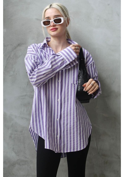 Madmext Mor Çizgili Oversize Kadın Gömlek Mg1688-mor Mor