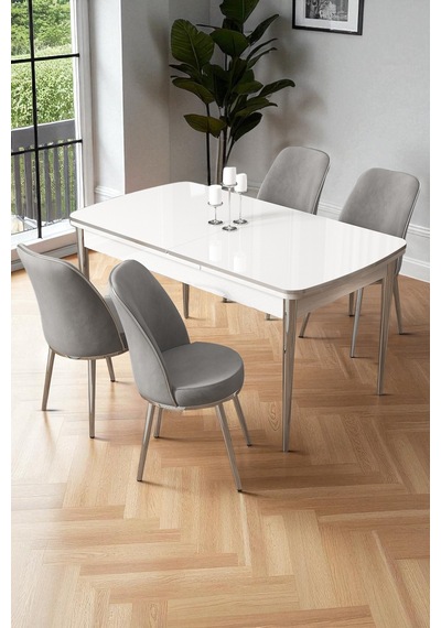 Canisa Nira Serisi 70x114 Mdf Açılabilir Beyaz Mutfak Masa Takımı 4 Gri Sandalye Krom Detay Gri Sandalye Beyaz Masa Canisa Nira Serisi 70x114 Mdf Açılabilir Beyaz Mutfak Masa Takımı 4 Gri Sandalye Krom Detay Gri Sandalye Beyaz Masa