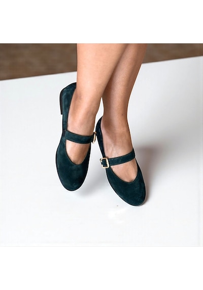 Ne&ve Shoes Koyu Yeşil Süet Hakiki Deri Yuvarlak Burunlu Tokalı Kadın Babet