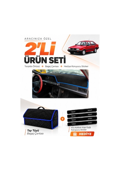 E-biz Volkswagen Passat B2 1980-1988 Uyumlu Torpido Örtüsü + Tay Tüyü Çanta - Siyah-mavi - Vw014