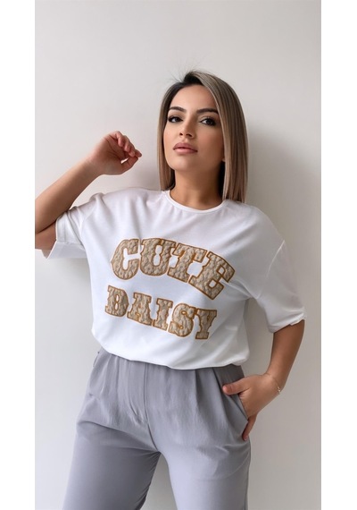 Kabartmalı Cute Daisy Tişört Ekru Kahverengi
