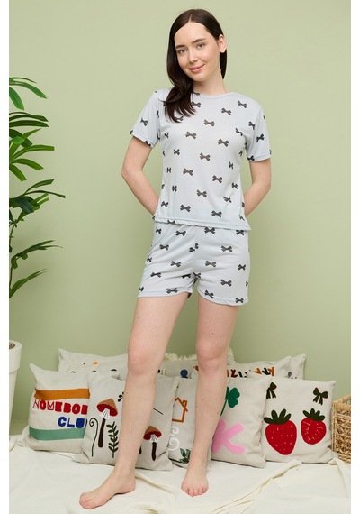 Fullamoda Fiyonk Desenli Bisiklet Yaka Şortlu Pijama Takımı Siyah