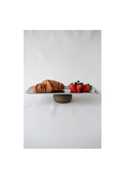 Ahşap Ayaklı Çelik Metal Servis Sunum Tabağı - 33 Cm Gümüş - 681487041 Gümüş
