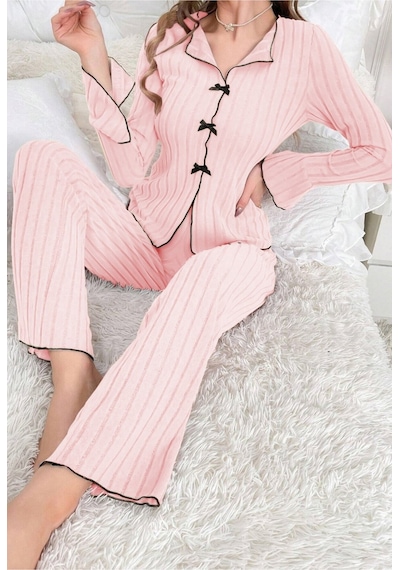 Bella Notte Pembe Uzun Kollu Fiyonk Detaylı Pijama Takımı