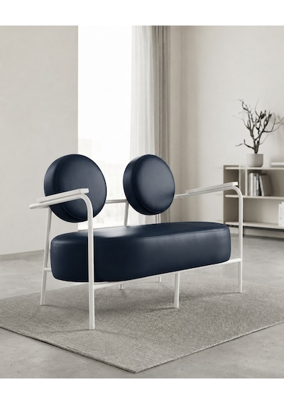 Venüs İkili Deri Ofis Bekleme Koltuğu Beyaz Metal İskeletli - Lacivert