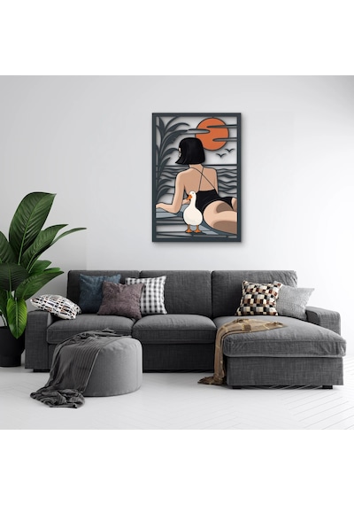 Kaz Ve Mayolu Kadın Metal Tablo 55x80 Cm Çok Renkli