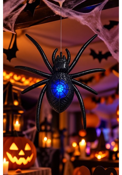 Siyah Led Işıklı Örümcek Dekor Süsü Halloween Cadılar Bayramı Parti Süsleme Aksesuarı 16x15 Cm Diğer