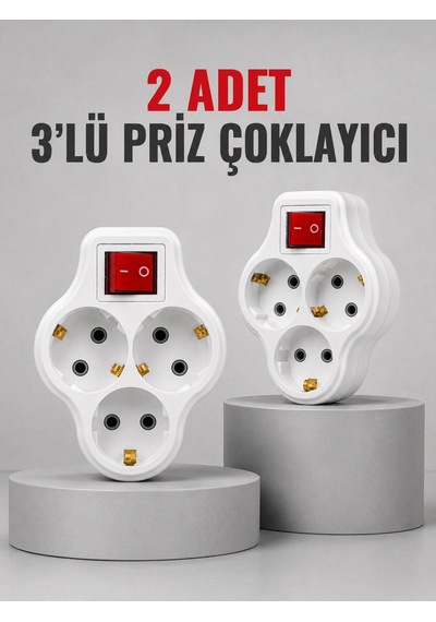 Direkt Duvar Prizine Takılan 3 Lü Priz Adaptörü Anahtarlı Priz Çoklayıcı 2 Adet 1