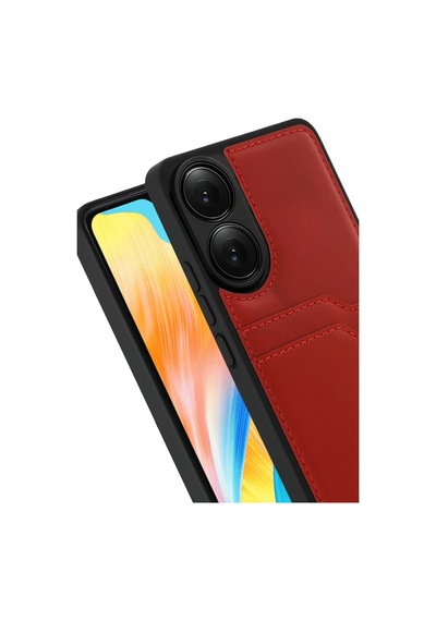 Oppo A38 Sara Kartvizitli Deri Kılıf - Kırmızı Kirmizi