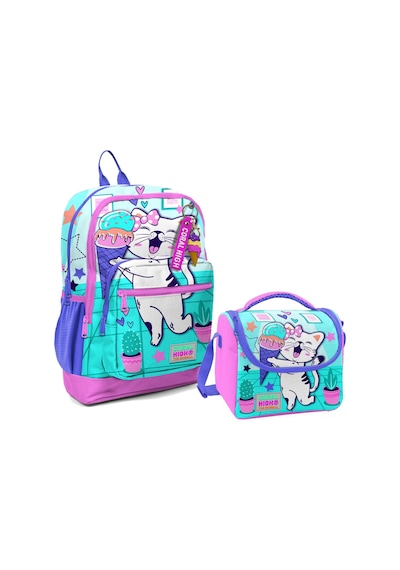Coral High Dört Bölmeli Kız Çocuk Okul Sırt Çantası Ve Beslenme Seti - Turkuaz Pembe Dondurmalı Kedi