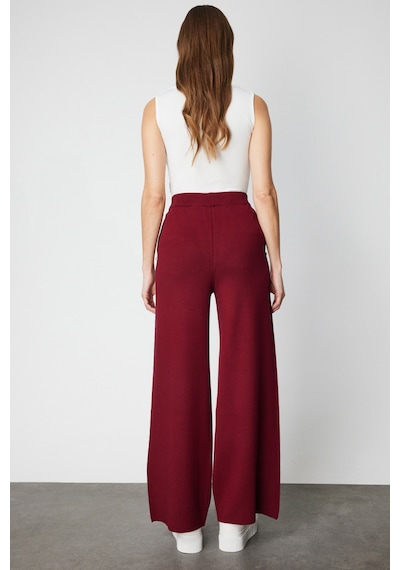 On Kadın Cebi Taş Detaylı Bol Paça Triko Pantolon 63919 Bordo Bordo