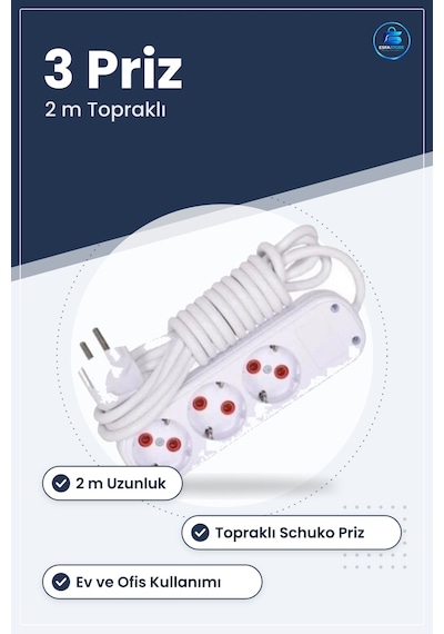 Grup Priz Uzatma Kablosu 3 Prizli 2 M Topraklı Ev Ve Ofis İçin Ço