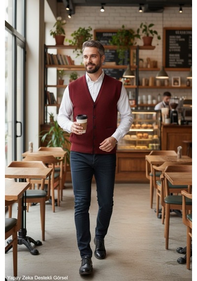 Kamalı Bordo Erkek V Yaka Triko Düğmeli Cepli Çizgi Desenli Regular Fit Tüylenmeyen Örgü Yelek Bordo