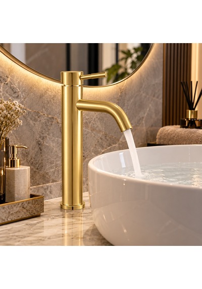 Alfas Mat Gold Çanak Lavabo Bataryası Fırçalı Altın 304 Paslanmaz Çelik Banyo Bataryası Yüksek 29cm