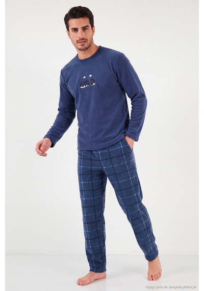 Buratti Ekoseli Bisiklet Yaka Yumuşak Dokulu Polar Pijama Takımı Erkek Pijama Takımı 6097064 İndigo