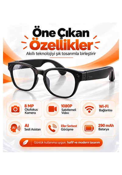 Yapay Zeka Destekli Akıllı Gözlük 8 Mp Kamera, 1080p Video, Wi-fi, Fotokromik Lens Ve 3 Lens Seti