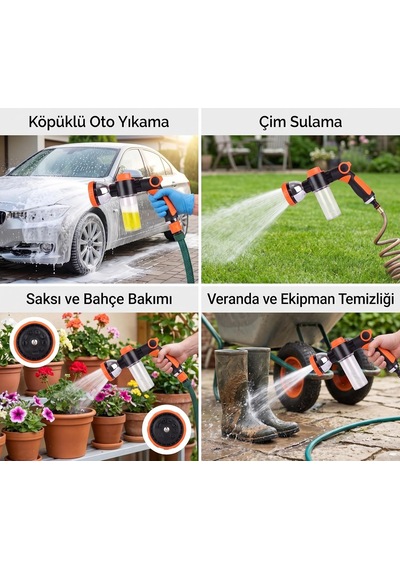 Köpük Hazneli 10 Fonksiyonlu Bahçe Sulama Ve Oto Yıkama Tabancası - Deterjan Hazneli Ayarlanabilir Basınçlı Hortum Başlığı