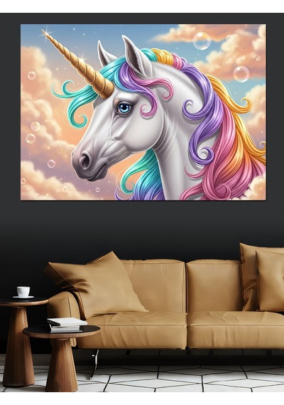 Gökkuşağı Yeleli Beyaz Unicorn Tablosu Dekoratif Kanvas - Mdf Ahşap Tablo