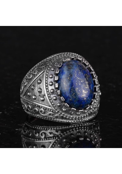 Gerçek Doğal Taş Yüzük, 925 Ayar Katı Gümüş Erkek Yüzüğü Lapis Lazuli Gümüş