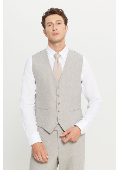 Altınyıldız Classıcs Erkek Bej Yünlü Slim Fit Dar Kesim Mono Yaka Kapak Cepli Yelekli Takım Elbise