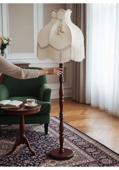 Ekru Kadife Başlık Kahverengi Ahşap Ayak Lambader Vintage Model 170x45cm Beyaz